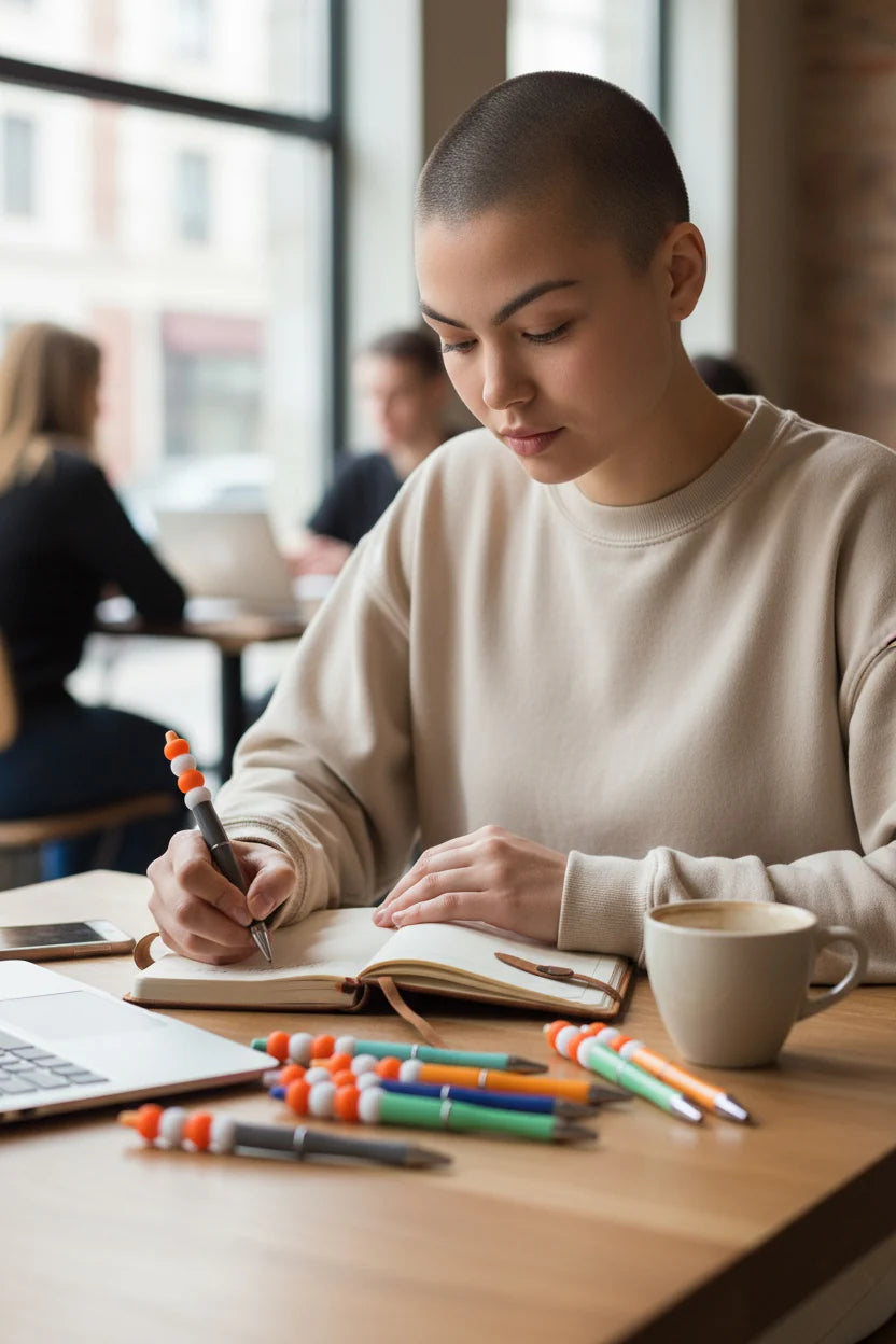 Person sitting at a table with a notebook, pens, and a cup of coffee in a casual setting.