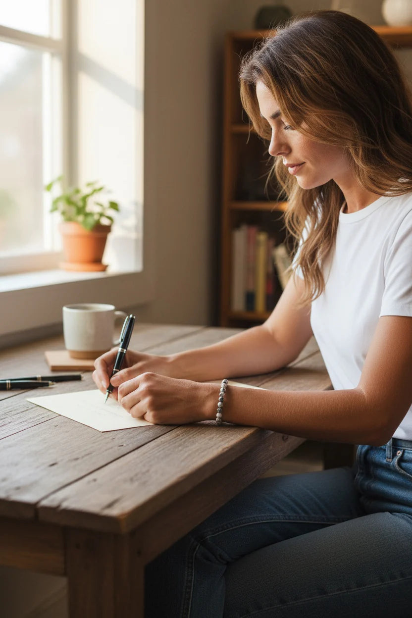 Woman sitting at a wooden table writing in a notebook with a cup and plant in the background.